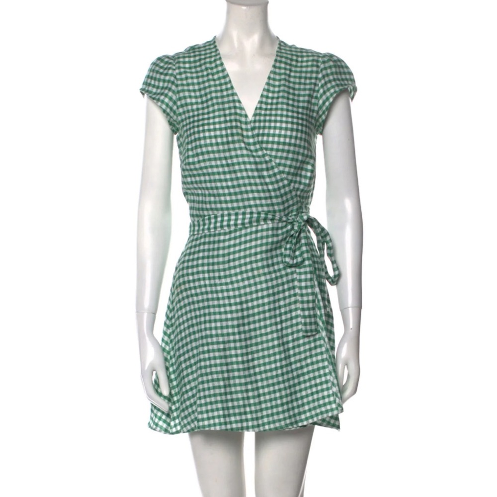 Reformation Green Gingham Linen Wrap Dress